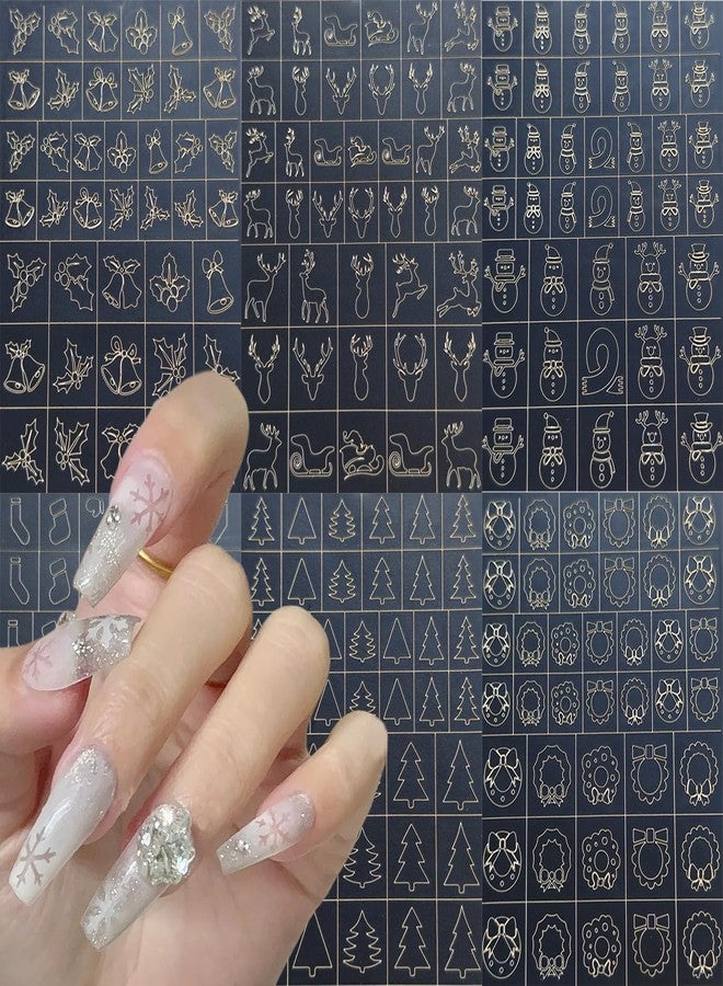 KRTBKR 6 Sheets Christmas Nail Guides 3D Xmas Trees Snowman Elk Nail Art Stickers Airbrush Nail Stencils Stickers Hollow Guides Nail Decals for Women Acrylic Nails Decoration Winter Stencil Tools - Image 1